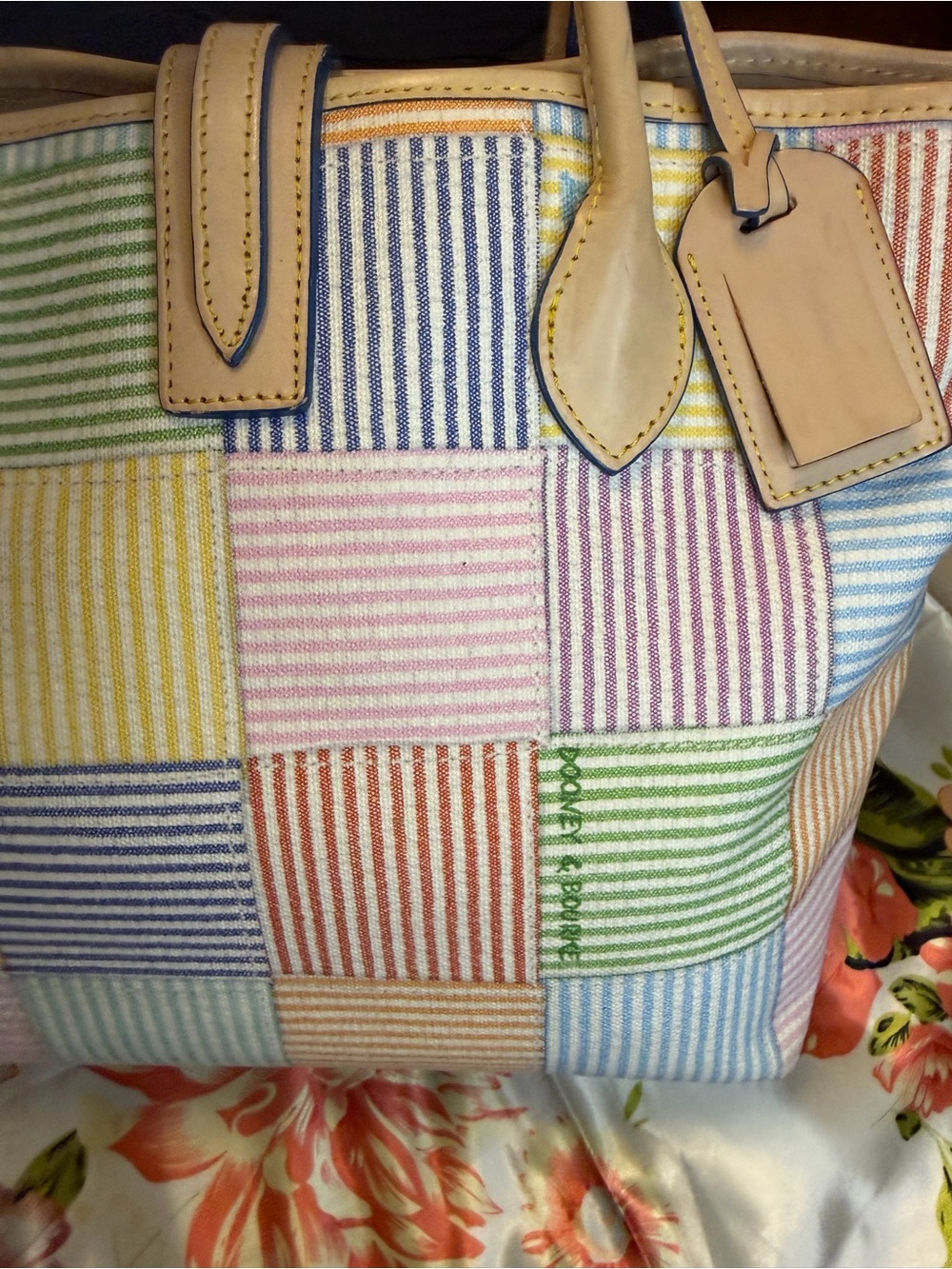 Dooney & Bourke Patchwork Seersucker Tote Bag Multicolor Striped | Leather Trim - Picture 13 of 16
